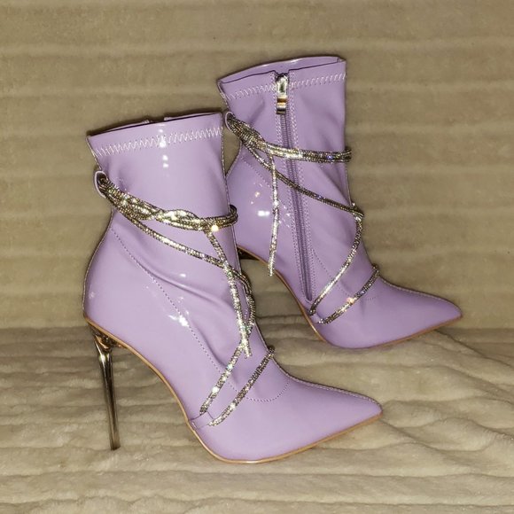 Lilac Purple Stretch Patent High Heel Ankle Boots with Rhinestone Straps - Picture 13 of 14